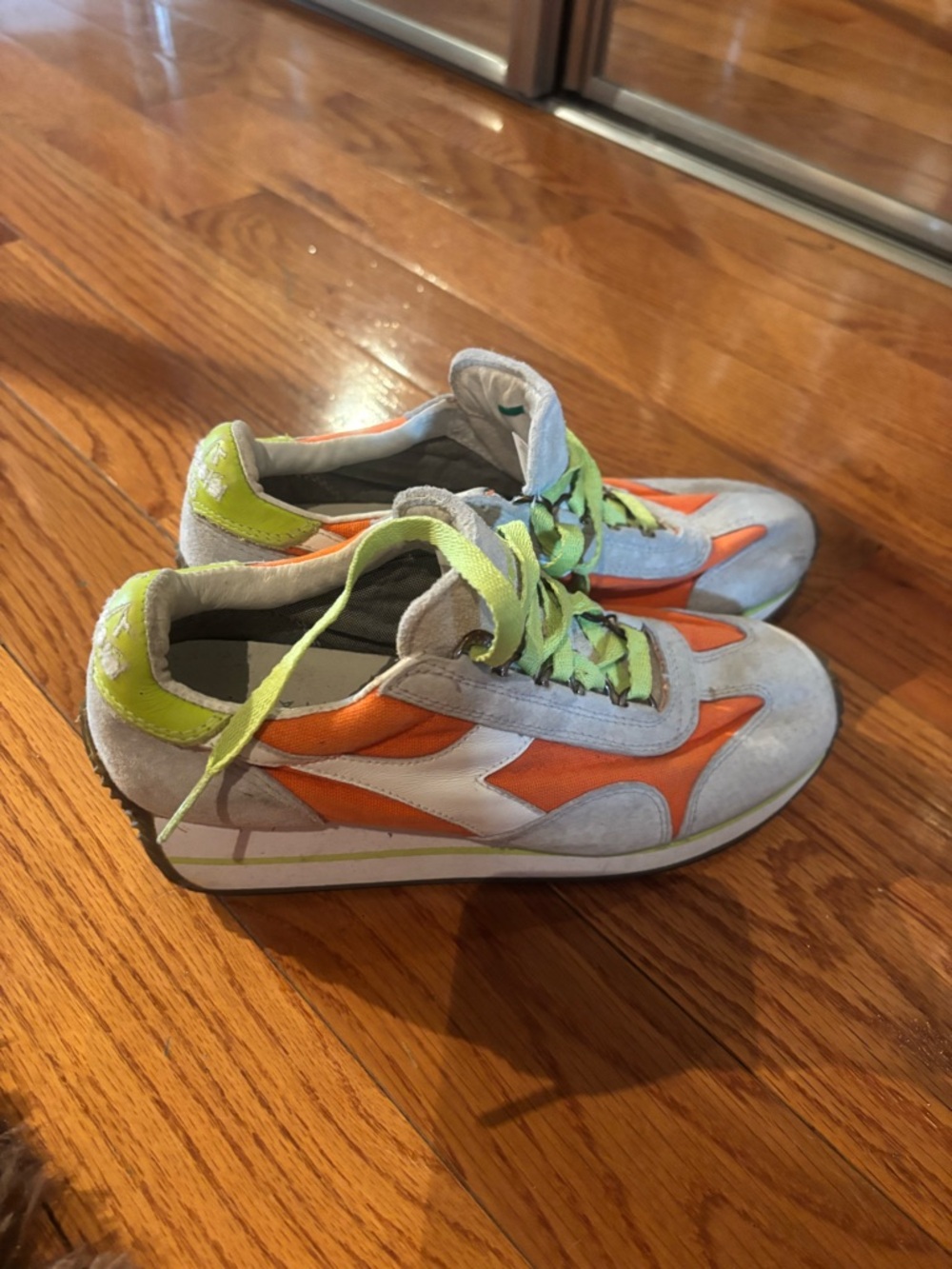 Diadora Gray Suede Sneakers with Orange Panels and Lime Laces - Picture 2 of 10